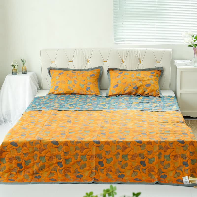Bedsprei Katoen Ginkgo Print 200x230 Geel Blauw Slaapkamer Quilt Omkeerbaar Deken Sprei Tweepersoons Plaid Bed Woondecoratie | Sansoti